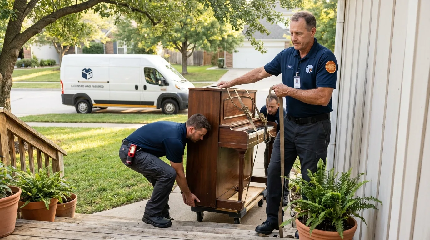 Licensed piano movers securing grand piano in Cana, VA
