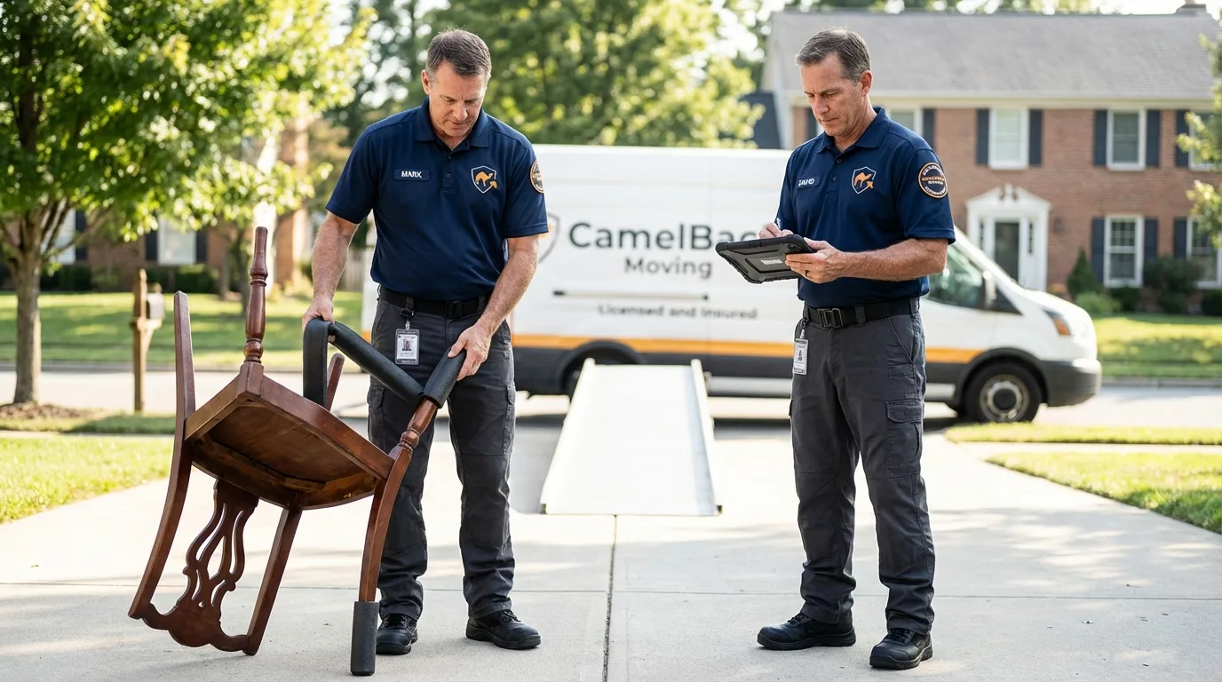 Movers inspecting furniture for damage prevention before loading in Cana, VA