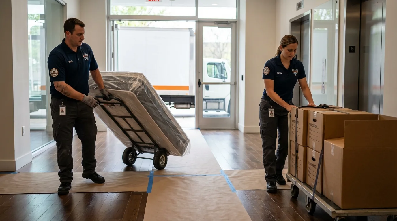 Professional apartment movers loading elevator in Cana, VA
