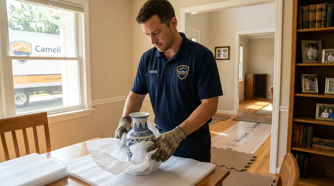 Professional crew carefully wrapping antique vase for senior downsizing move in Cana, VA