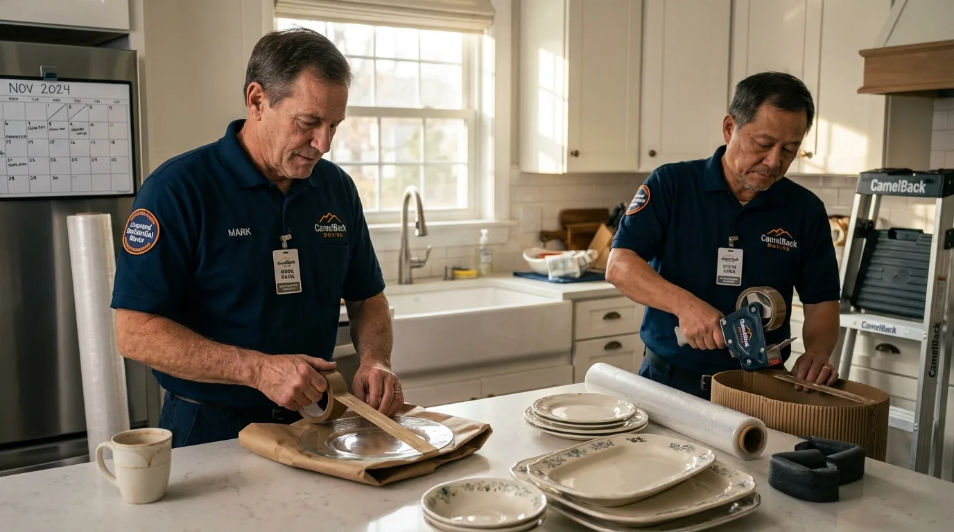 Professional crew packing kitchen dishware in Cana, VA